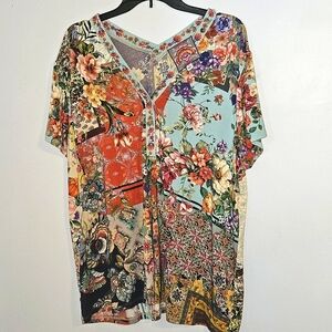 Johnny Was Otti Button Neck Floral Patchwork V-Neck Top Size 1X